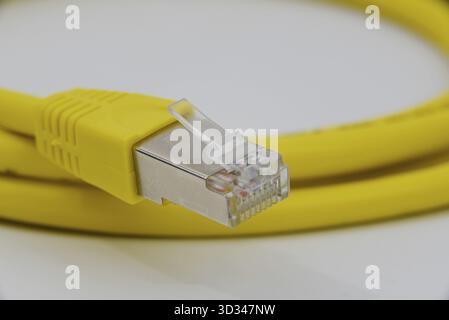 Den Helder, pays-Bas. 14 décembre 2024. gros plan d'un câble ethernet jaune sur fond blanc. Banque D'Images