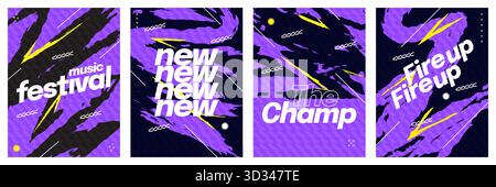 Ensemble d'affiches modernes audacieuses avec des traits de pinceau abstraits violets et jaunes Illustration de Vecteur