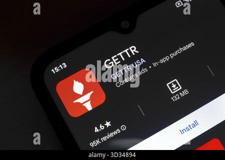 8 novembre 2024, Brésil. Dans cette illustration photo, le logo de l'application GETTR est affiché sur l'écran d'un smartphone Banque D'Images