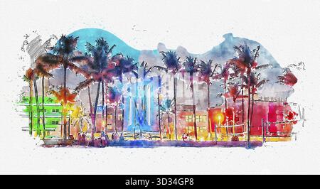 Illustration aquarelle des hôtels et restaurants Ocean Drive au coucher du soleil. Horizon de la ville avec des palmiers la nuit. Vie nocturne art déco sur le Sou Banque D'Images
