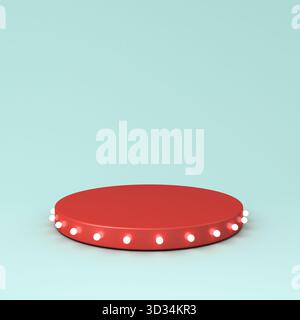 Pied de podium de produit rouge minimaliste moderne avec des ampoules néon rétro isolé sur fond de couleur bleu pastel vert clair avec rendu 3D ombre Banque D'Images