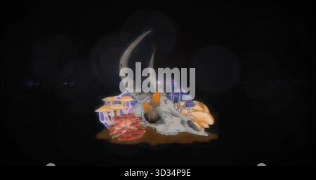 Crâne de repos avec des cornes sur terre dans le vide, avec des champignons, champignon de corail, fusées éclairantes de lentille flottante Banque D'Images