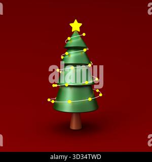 Arbre de noël minimal avec des ampoules au néon jaunes isolées sur fond rouge foncé avec rendu 3D d'ombre Banque D'Images