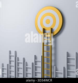 Objectif d'affaires cible et concepts de leadership ou se démarquer du concept de foule la longue échelle dorée différente visant la cible d'objectif sur blanc gris wa Banque D'Images