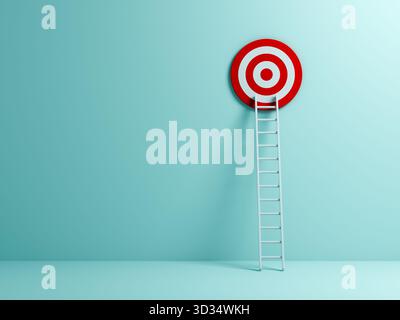 Échelle pour cibler des concepts d'idée créative d'entreprise sur fond de mur de couleur pastel bleu avec un espace vide sur le côté gauche minimal 3D conceptuel Ren Banque D'Images