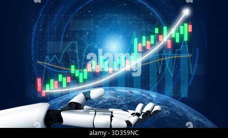 Une image frappante d'une main robotisée placée au-dessus d'un graphique de croissance dynamique, symbolisant les avancées en matière de technologie, d'analyse et d'analyse des investissements dans Banque D'Images