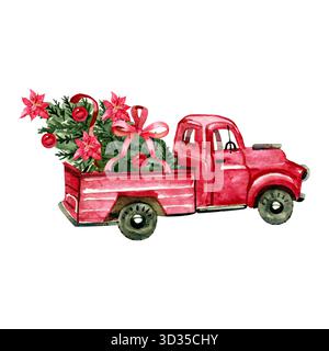 Aquarelle Noël rose rouge camion rétro, clip art des éléments de noël Banque D'Images