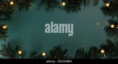 Branches de pin festives de Noël décorées de lumières sur un fond vert foncé. rendu 3d. Banque D'Images
