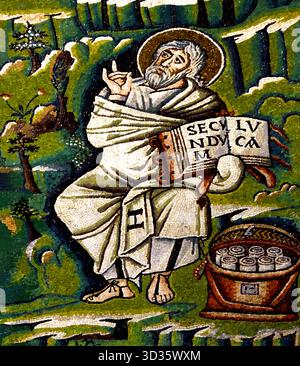 Moïse recevant la loi, Basilique de San Vitale AD 547 6e siècle dans la région de Ravenna - mosaïques ( la fin de la période romaine et byzantine, l'architecture) Émilie-romagne - Italie du Nord. Dix Commandements Banque D'Images