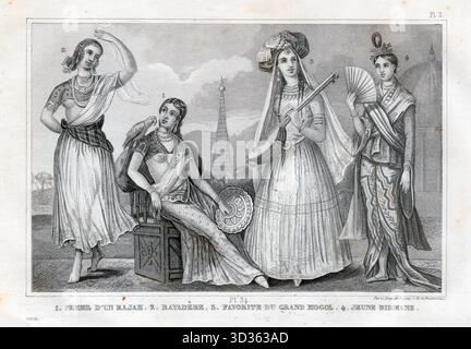 Gravure antique sur acier intitulée 'FEMME D'un RAJAH, BAYADÈRE, FAVORITE DU GRAND Mogol, JEUNE BIRMANE' représentant quatre figures féminines en costumes traditionnels de l'Inde et de Birmanie (Myanmar). La plaque, publiée sous la cote PL. 3 dans une série française, a été dessinée et gravée par de Lignon et Drouart-bouton, XIXe siècle. Banque D'Images