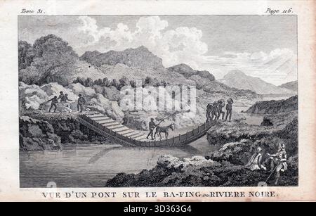 Gravure antique sur cuivre intitulée 'vue D'un PONT SUR LE BA-FING ou RIVIÈRE NOIRE' (vue d'un pont sur la Ba-Fing ou rivière NOIRE) en Afrique de l'Ouest, montrant des habitants et un cheval traversant la rivière sur un pont en bois rudimentaire. Publié dans une encyclopédie ou un carnet de voyage français, fin XVIIIe ou début XIXe siècle. Banque D'Images
