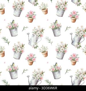 Motif aquarelle sans couture avec des fleurs de jardin roses et blanches dans des seaux en métal, des pots en argile, des arrosoirs. Fleur de pomme, camomille, avec petit oiseau, papillon. Fond blanc. Banque D'Images