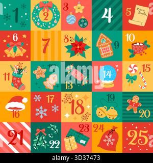 Calendrier de l'Avent de Noël. Symboles drôles de Noël, objets et numéros 1 à 25. Illustration vectorielle de bas d'éléments de vacances, cloches de jingle, bonbons. Tr Illustration de Vecteur