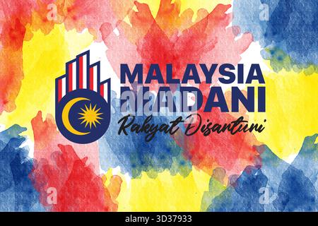 Œuvre d'art Creative Malaysia Madani avec un fond d'aquarelle rouge, jaune et bleue éclatante. Un design symbolique représentant l'unité et la culture. Banque D'Images
