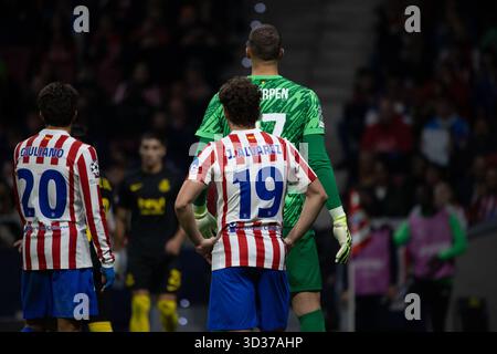 Madrid, Espagne. 04th Nov, 2025. Julian Alvarez (19 ans), Atlético de Madrid, célèbre un but lors du match de football de l'UEFA Champions League entre l'Atlético de Madrid et la Royale Union Saint-Gilloise au stade Metropolitano. Score final : Atlético de Madrid 3-1 Royale Union Saint-Gilloise crédit : SOPA images Limited/Alamy Live News Banque D'Images