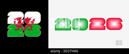 Année 2026 avec drapeau du pays de Galles et en palais de couleur du drapeau du pays de Galles. Bonne année 2026 dans deux styles différents. Nouvelle année design pour calendrier, affiches, GRE Illustration de Vecteur