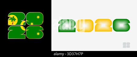 Année 2026 avec drapeau des îles Cocos et en palette de couleur du drapeau des îles Cocos. Bonne année 2026 dans deux styles différents. Design du nouvel an pour Calend Illustration de Vecteur