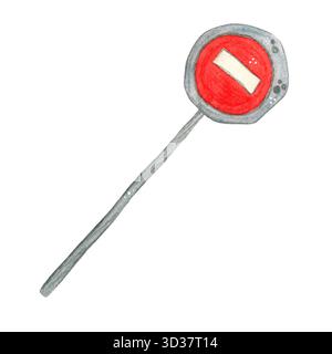 Panneau routier, cercle rouge avec rectangle blanc. Illustration d'aquarelle dessinée à la main, dessin animé. Ville, jeu, enfants, enfant, garçon, voiture, transport, auto Banque D'Images