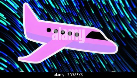 Avion à réaction rose flottant montrant cinq fenêtres sur fond cosmique sombre, avec des stries de néon Banque D'Images