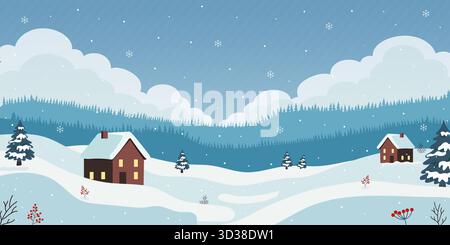 Paysage d'hiver avec de jolies maisons et des pins enneigés, illustration de Noël. Pour le design des fêtes Illustration de Vecteur