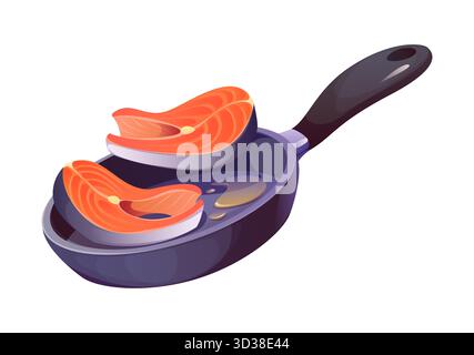 Dessin animé deux steaks de saumon dans une poêle à frire avec de l'huile. Processus de cuisson du poisson frais vecteur dans une cuisine moderne isolée sur fond blanc. Préparation de recettes de fruits de mer, processus culinaire de cuisson d'aliments sains Illustration de Vecteur