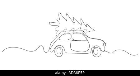 Dessin au trait continu d'une voiture portant un arbre de Noël. Dessin d'une voiture et d'un arbre Illustration de Vecteur