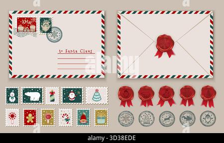 Enveloppes et timbres postaux sur le thème de Noël. Ensemble de timbres et de sceaux de Noël Illustration de Vecteur