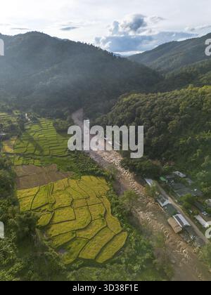 Paisible vue aérienne de la terrasse verdoyante de riz dans la vallée de montagne. rivière sereine coule à travers un paysage naturel magnifique, mettant en valeur de belles campagnes Banque D'Images