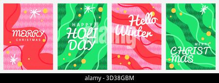 Joyeux Noël et bonne année carte de voeux, bannière, affiche ou modèles de couverture avec des éléments de ligne courbée mignons Illustration de Vecteur