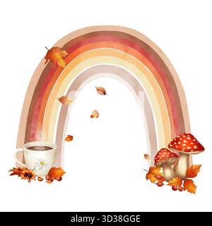 Tasse de café ou de cacao et un arc-en-ciel d'automne. Illustration de l'aquarelle. Feuilles et champignons avec des chapeaux rouges, isolés sur fond blanc. Pour les cartes, Banque D'Images
