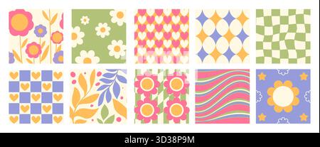 Collection de motifs Daisy Retro y2k sans couture avec des arrière-plans groovy de fleurs - motifs floraux et coeurs, carreaux à carreaux et rayures ondulées dans des couleurs pastel. Textures nostalgiques des années 2000 pour le design textile Illustration de Vecteur