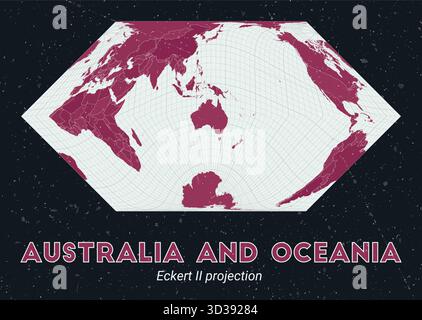 Australie et Océanie. Carte du monde. Projection Eckert II centrée sur l'Australie et l'Océanie. Palette Pink foncé menthe pâle. Texture vintage. Illustration de Vecteur