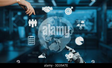 Une représentation imaginative de la collaboration entre les humains et les machines, mettant en vedette une main robotique et des mains humaines prêtes pour une poignée de main sur un Banque D'Images