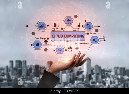 Cette image présente les concepts essentiels du cloud computing, mettant en évidence la sécurité, la gestion des données et l'analyse, dans un contexte urbain Banque D'Images
