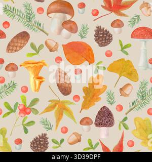 Motif d'automne sans couture avec champignons, branches de pin, épicéa, baies d'automne, cônes. Aquarelle illustration botanique dessinée à la main sur fond gris. Banque D'Images