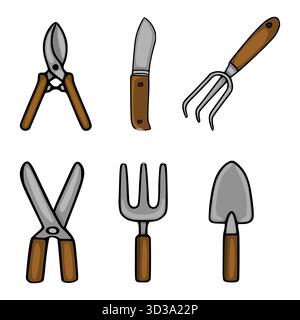 Une charmante collection vectorielle de six outils de jardinage essentiels, y compris un sécateur, un couteau d'élagage, une fourchette à main, de grandes cisailles, une petite truelle, et un Illustration de Vecteur