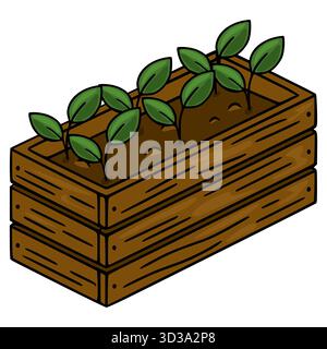 Illustration vectorielle stylisée d'une boîte de jardinière en bois avec de jeunes pousses vertes émergeant d'un sol brun riche, présenté avec des contours audacieux et un nettoyage, Illustration de Vecteur