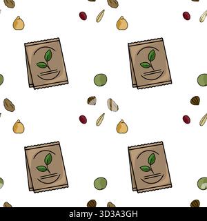 Motif vectoriel répétitif sans couture de paquets de graines et de diverses graines, représentant la croissance et le jardinage. Illustration de Vecteur
