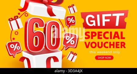 Bannière de l'offre spéciale cadeau 60. Fond jaune vif pour la promotion. Illustration vectorielle. Illustration de Vecteur