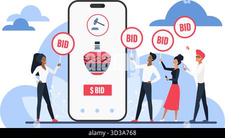 Les gens participent aux enchères en ligne en utilisant l'application de téléphone mobile, tenant des signes d'offre, enchères numériques pour l'art ou les objets de collection, illustration vectorielle de concept de commerce électronique moderne Illustration de Vecteur