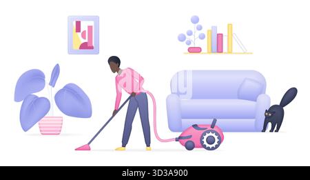 Scène de nettoyage à la maison avec la personne aspirant le tapis dans le salon élégant avec canapé, chat, plante d'intérieur, livres et décor pour l'entretien ménager et l'hygiène isolé sur l'illustration vectorielle de fond blanc Illustration de Vecteur