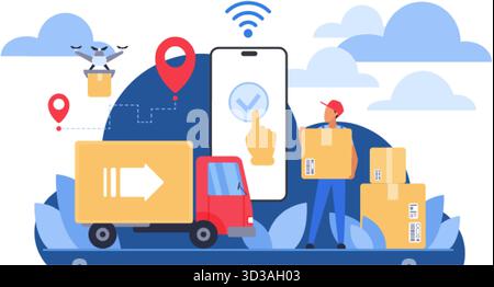 Concept de service de livraison moderne montrant la logistique cloud, le suivi mobile, l'expédition de colis, le transport de drones et la gestion de coursier pour une illustration vectorielle d'expédition rapide et efficace Illustration de Vecteur