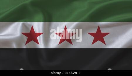 Gros plan du drapeau de Syrie avec texture de tissu. Drapeau de Syrie avec texture de tissu ondulant Banque D'Images