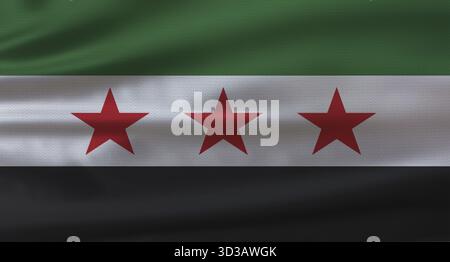 Drapeau de Syrie avec texture de tissu ondulant. Gros plan du drapeau de Syrie avec texture de tissu Banque D'Images