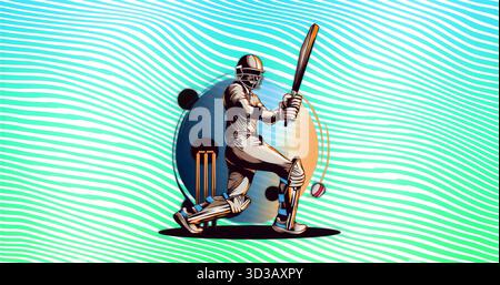 Batteur de cricket balançant frappant une balle de cricket rouge et blanche avec une batte en bois dans un gradient abstrait Banque D'Images