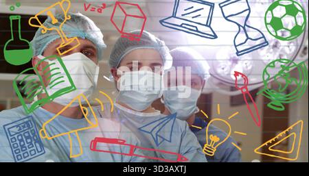 Debout trois chirurgiens portant des gommages et des masques et des filets à cheveux dans OU sous la lumière, avec des griffonnages Banque D'Images