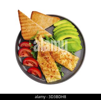 Nourriture, omelette avec avocat, tomates et roquette sur plaque en céramique noire Banque D'Images
