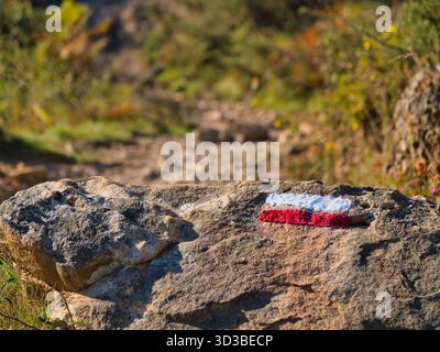 Pays Basque, France - 11 octobre 2025 : le repère rouge et blanc GR10 peint sur un rocher guide les randonneurs le long d'un sentier rocheux dans le pays Basque français, les Pyrénées, capturé dans la lumière chaude de l'après-midi. Banque D'Images