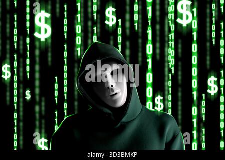Cyberattaque. Hacker en masque, code binaire lumineux vert et signes dollar derrière lui Banque D'Images