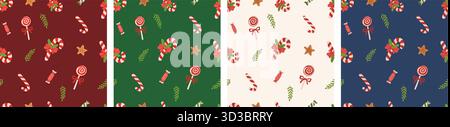 Ensemble de motif sans couture festif de Noël mignon avec bonbons, sucettes et pain d'épices sur fond de couleur. Illustration vectorielle de Noël Illustration de Vecteur